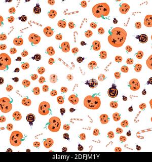 Motif sans coutures Halloween avec citrouille. Motifs vectoriels colorés en style déplié. Illustration de Vecteur
