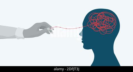 Concept de santé mentale.main d'un thérapeute ou d'un médecin démêlant un Enchevêtrement dans la tête de silhouette du côté d'un patient.Psychologie et Psychiatrie.stress Illustration de Vecteur