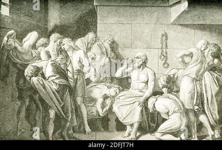 Le philosophe grec Socrates (469–399 av. J.-C.) a été reconnu coupable d’impiété par les tribunaux athéniens ; plutôt que de renoncer à ses croyances, il est mort volontairement, décourageant l’immortalité de l’âme avant de boire de la pruche toxique (comme on l’a vu ici). Banque D'Images