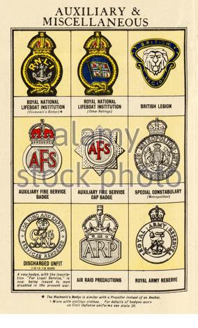 Grades et insignes des Forces armées britanniques - auxiliaires Et divers de l'affiche d'information et de propagande WW2 Banque D'Images