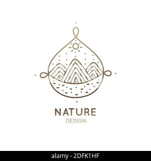 Logo vectoriel des éléments de la nature en forme de goutte. Icône linéaire de paysage avec montagnes, rivière, soleil - emblèmes d'affaires, badge pour un voyage, tourisme Illustration de Vecteur