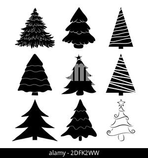 Ensemble de silhouettes pour arbres de Noël. Icône de pins noirs pour carte de Noël ou invitation. Symbole de décembre. Collection de formes de pin. Sapin illustrat Illustration de Vecteur