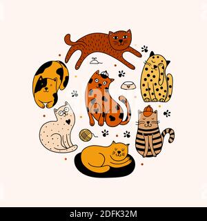 Ensemble de 7 chats dessinés à la main isolés sur fond blanc. Décoration ronde avec animaux, pattes, pois. Illustration de Vecteur