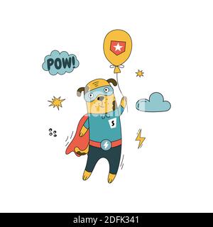Chien super-héros dessiné à la main en costume de bande dessinée. Un chiot mignon vole dans un ballon d'air chaud. Illustration de Vecteur