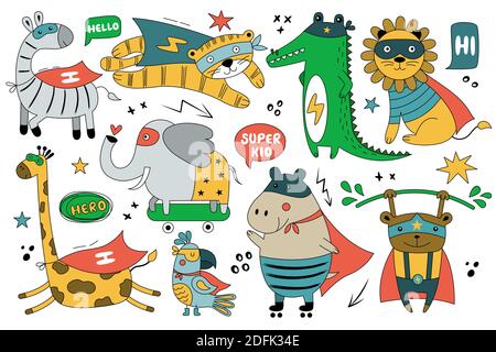 Ensemble d'animaux sauvages en costume de BD amusant. Illustration vectorielle mignonne avec Parrot, hippopotame, tigre, lion, girafe, éléphant, singe, zèbre isolée sur wh Illustration de Vecteur