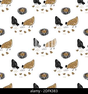 Ensemble de poules vintage. Fond de Pâques avec poulet. Illustration vectorielle dessinée à la main pour l'impression de tissu, la carte de vœux, la décoration de cuisine. Illustration de Vecteur