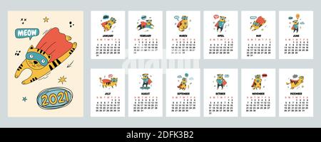 Calendrier 2021 avec des chats et des chiens dessinés à la main en costumes de comics. Ensemble de 12 mois. Vertical.Illustration vectorielle avec animaux. Illustration de Vecteur