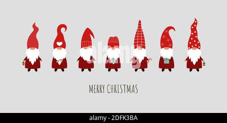 Ensemble de 7 nains de Noël sur fond gris. Carte vectorielle avec gnomes dans des chapeaux rouges. Illustration de Vecteur