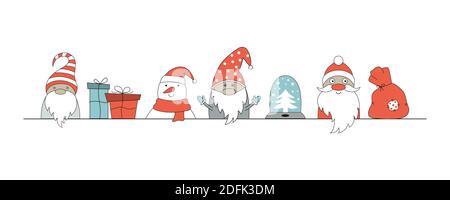 Affiche de Noël avec bonhomme de neige, gnomes, Père Noël. Illustration vectorielle dessinée à la main dans le style scandinave. Peut être utilisé pour la conception de sites Web, l'affiche, l'accueil Illustration de Vecteur