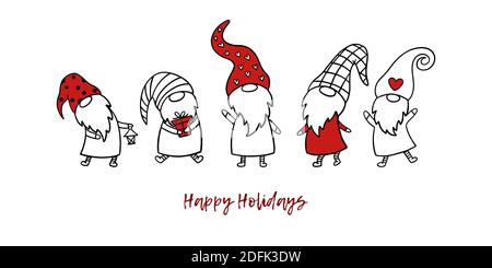Ensemble de 5 gnomes de Noël sur fond blanc. Carte de vœux vectorielle avec de jolis gnomes scandinaves. Illustration de Vecteur