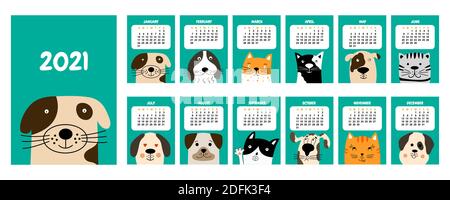 Calendrier 2021 avec chats et chiens dessinés à la main. Ensemble de 12 mois. Vertical.Illustration vectorielle avec animaux. Illustration de Vecteur