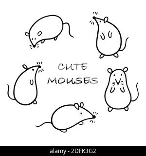 Rats de dessins animés. Ensemble de 5 mignons chemisiers noirs et blancs en différentes poses sur fond blanc. Illustration vectorielle plate. Illustration de Vecteur