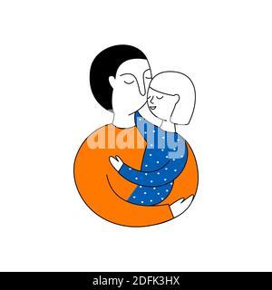 Bonne journée des pères. Papa tient sa fille sur ses épaules. Illustration vectorielle Doodle sur fond blanc. Il peut être utilisé pour la carte, le logo, l'autocollant. Illustration de Vecteur