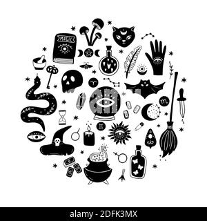Le jeu rond de vecteur magique se compose d'une boule de cristal, chat noir, chauve-souris, crâne, élixir magique, serpent, yeux, etc. Icônes dessinées à la main avec des symboles de sorcellerie Illustration de Vecteur