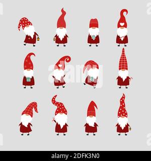 Ensemble de 12 nains de Noël sur fond gris. Carte vectorielle avec gnomes dans des chapeaux rouges. Illustration de Vecteur