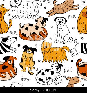 Chien drôle et sans couture. Illustration scandinave avec chiens, pattes, points, phrases sur fond blanc. Idéal pour le papier peint, l'emballage Illustration de Vecteur