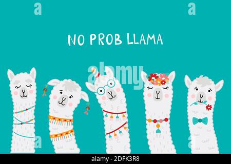 Cute lama visages sans prob LLAMA motivation citation. Dessin animé alpaca. Illustration vectorielle avec visages lama pour affiche, carte de vœux, t-shirts, stic Illustration de Vecteur