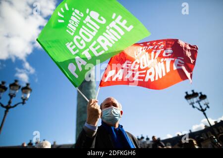 Les manifestants détiennent des drapeaux de parternité pour l'égalité des libertés lors d'une manifestation organisée par le groupe militant conservateur pro-vie 'la Manif pour tous' contre le projet de loi de bioéthique sur la procréation médicalement assistée (PMA - procréation médicalement Assistee), à Paris, en France, le 10 octobre 2020. Voté le 1er août en deuxième lecture à l'Assemblée nationale, le projet de loi, dont la mesure phare est l'ouverture de la procréation médicalement assistée à toutes les femmes, doit être examiné par le Sénat à une date qui n'est pas encore fixée, vers la fin de l'année ou le début de 2021. Photo de Raphael Lafargue/ABACAPRESS.COM Banque D'Images