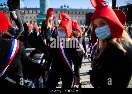 Les manifestants portant la casquette de Phrygian lors d'une manifestation organisée par le groupe militant conservateur pro-vie 'la Manif pour touss' contre le projet de loi de bioéthique sur la procréation médicalement assistée (PMA - procréation médicalement Assistee), à Paris, en France, le 10 octobre 2020. Voté le 1er août en deuxième lecture à l'Assemblée nationale, le projet de loi, dont la mesure phare est l'ouverture de la procréation médicalement assistée à toutes les femmes, doit être examiné par le Sénat à une date qui n'est pas encore fixée, vers la fin de l'année ou le début de 2021. Photo de Raphael Lafargue/ABACAPRESS.COM Banque D'Images