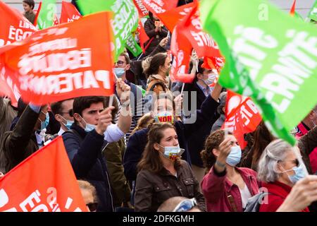 Les manifestants détiennent des drapeaux de parternité pour l'égalité des libertés lors d'une manifestation organisée par le groupe militant conservateur pro-vie 'la Manif pour tous' contre le projet de loi de bioéthique sur la procréation médicalement assistée (PMA - procréation médicalement Assistee), à Paris, en France, le 10 octobre 2020. Voté le 1er août en deuxième lecture à l'Assemblée nationale, le projet de loi, dont la mesure phare est l'ouverture de la procréation médicalement assistée à toutes les femmes, doit être examiné par le Sénat à une date qui n'est pas encore fixée, vers la fin de l'année ou le début de 2021. Photo de Raphael Lafargue/ABACAPRESS.COM Banque D'Images