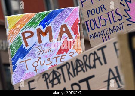 Douze associations féministes et collectifs démontrent et exigent l'ouverture de la procréation médicalement assistée (MAP) à toutes les femmes.ACAP, Aimons nous toutes, collectif Autogynéco, collages féministes Strasbourg, les Cousines de l'est, Bloc rose, Reprendre la ville, Solidaires Alsace, solidaires Etudiant-femmes, Bloc européen de Strasbourg, 67 pour les femmes, Bloc d'Alsace, Bloc d'Alsace, pour les femmes. Un texte doit encore être voté au Sénat en janvier 2021, avant que les députés des deux chambres essaient de trouver une version satisfaisante pour tous. Strasbourg, Nord-est de la France, le 10 octobre 2020. Photo b Banque D'Images