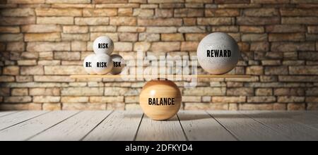 balance en bois équilibrant une grande boule et quatre petites avec le risque de message, LA RÉCOMPENSE et L'ÉQUILIBRE devant un mur de brique - illustration 3d Banque D'Images