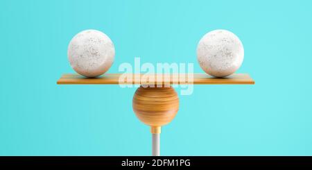 balance en bois équilibrant deux grosses boules sur fond gris - illustration 3d Banque D'Images