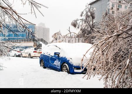 Voiture bleue recouverte de glace et de neige.Arbres couverts de glace courbée vers le sol.Ville en hiver.Fortes chutes de neige.Cyclone de la tempête de verglas. Banque D'Images