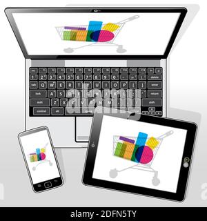 E-commerce (e-commerce) en ligne présenté sur les 3 appareils mobiles présentés. Illustration de Vecteur