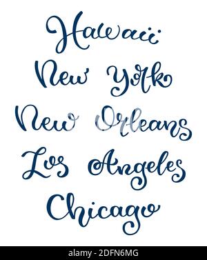 Lettrage à la main des noms de ville. Hawaï, Los Angeles, New York, la Nouvelle-Orléans Chicago Illustration de Vecteur
