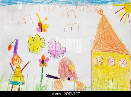 Illustration naïve, dessin d'enfants, fille debout dans le jardin avec voiture et maison, Autriche Banque D'Images