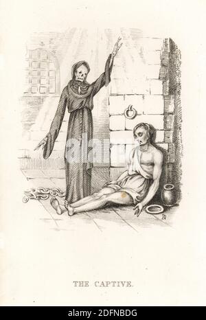 Le squelette de la mort et de la captive. Le squelette, en cassock et en cagoule avec crucifix, est d'abord confondu avec la liberté par le prisonnier affamé dans le donjon. Illustration tirée et gravée sur l'acier par Richard Dagley de ses propres Doings de la mort, composée de nombreuses compositions originales en verset et et prose, J. Andrews, Londres, 1827. Dagley (1761-1841) est un peintre, illustrateur et graveur anglais. Banque D'Images