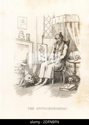 La mort et l'hypocondrie. La figure de la mort, une araignée avec un corps humain de crâne, apparaît aux pieds d'un homme malade qui fait des hallucinations devant la cheminée. Une potion de sommeil et une cuillère reposent sur une table, et un journal de santé sur le sol. Illustration tirée et gravée sur l'acier par Richard Dagley de ses propres Doings de la mort, composée de nombreuses compositions originales en verset et et prose, J. Andrews, Londres, 1827. Dagley (1761-1841) est un peintre, illustrateur et graveur anglais. Banque D'Images