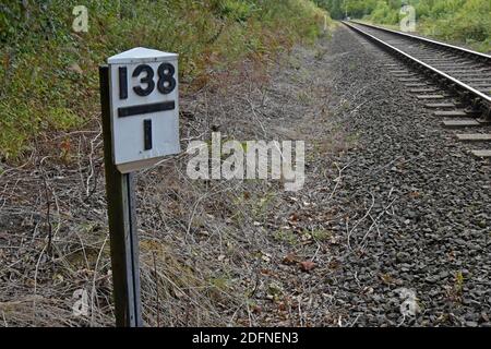 Un Milepost de British Railways indiquant la distance d'une gare primaire, côté voie sur le Severn Valley Railway, Shopshire Banque D'Images