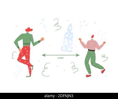 Célébration de Noël lors d'une pandémie de coronavirus. Deux jeunes dansant avec la distanciation sociale. Amis adultes isolés sur fond blanc. VEC Illustration de Vecteur