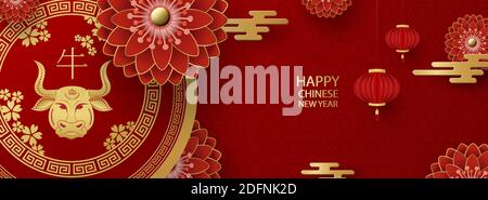 Nouvel an chinois 2021 année du taureau. Bull, fleurs et éléments asiatiques Traduction en chinois heureux nouvel an 2021 année du Bull.Vector Illustration de Vecteur