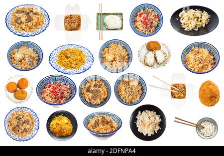 collection de différents plats de riz isolés sur fond blanc Banque D'Images