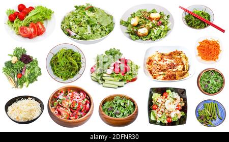 collection de différentes salades de légumes isolées sur fond blanc Banque D'Images