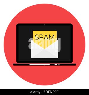 Enveloppe avec spam. Fenêtre d'avertissement de courrier indésirable sur l'écran de l'ordinateur portable. Illustration vectorielle. Illustration de Vecteur