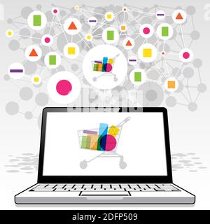 Un PC portable présentant un chariot d'achat en ligne rempli de produits collectés provenant d'un réseau mondial connecté. Banque D'Images