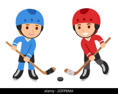 Mignon dessin animé enfants jouant au hockey, garçons en bleu et rouge uniforme de l'équipe. Illustration de clip art vectoriel isolée. Illustration de Vecteur