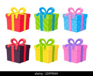 Ensemble de boîtes-cadeaux de Noël, couleurs différentes. Boîte cadeau enveloppée d'un noeud en ruban. Illustration vectorielle isolée. Illustration de Vecteur