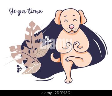 Animaux de compagnie de yoga. Un chien mignon, se tient et s'étire dans un asana et médite. Vecteur. Illustration sur fond avec décor et feuilles tropicales. Temps de yoga. d Illustration de Vecteur
