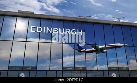 Avion à réaction atterrissant à Édimbourg, Écosse, illustration du rendu 3D. Arrivée en ville avec le terminal de verre de l'aéroport et le reflet de l'avion Banque D'Images