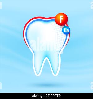 Dent saine et forte avec calcium et feuille de fluor. Dents blanches protégées. Soins dentaires. Illustration de Vecteur