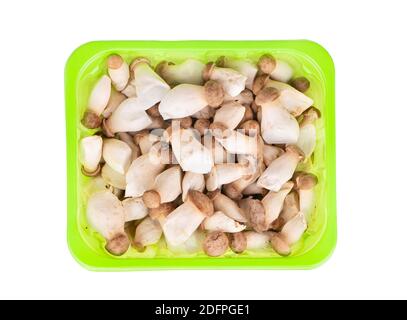 Champignons Eringi dans un emballage vert isolé sur fond blanc, vue de dessus Banque D'Images