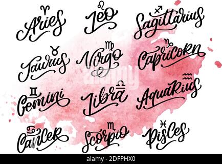 Lettrage Zodiac Sign Vector. Astrologie Cartoon illustration de texte. Manuscrite Horoscope icon set. Illustration de Vecteur