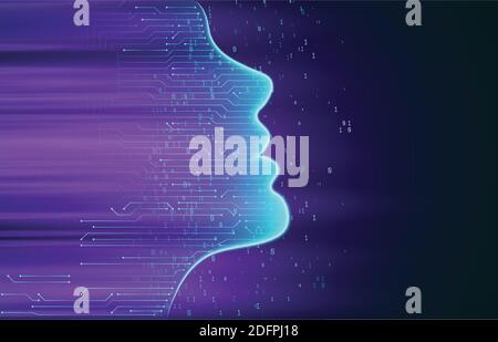 Intelligence artificielle. Contour du visage humain avec carte de circuit imprimé à l'intérieur. Concept ai. Reconnaissance des visages. Numérisation des visages. Illustration Big Data.Vector. Illustration de Vecteur