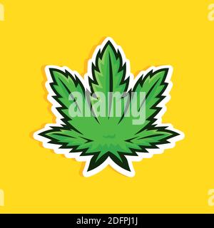 Feuille de cannabis de style dessin animé sur fond jaune. Icône, logo, imprimé, feuille de marijuana verte. Illustration de Vecteur