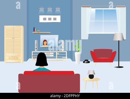 La femme est assise sur le canapé dans le salon Et regarder la télévision Illustration de Vecteur